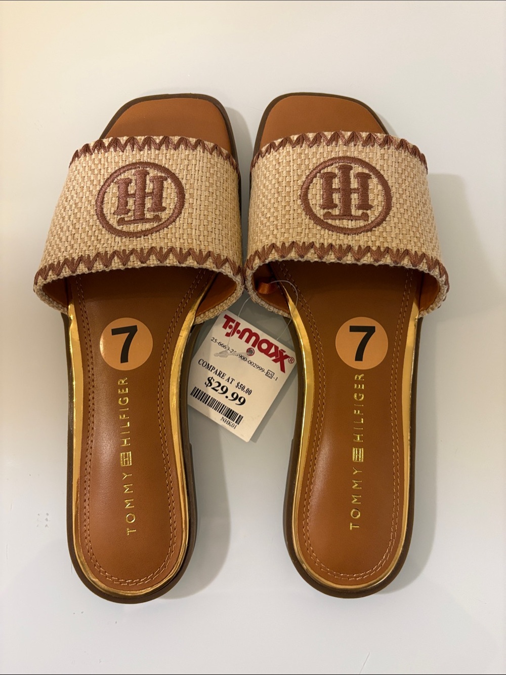 Tommy Hilfiger Tan Raffia Slide Mules with Embroidered Logo